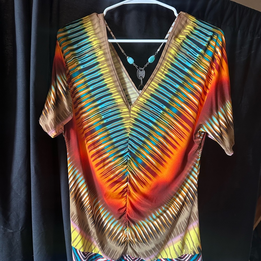 The Sak Blue and Orange Ruched Blouse